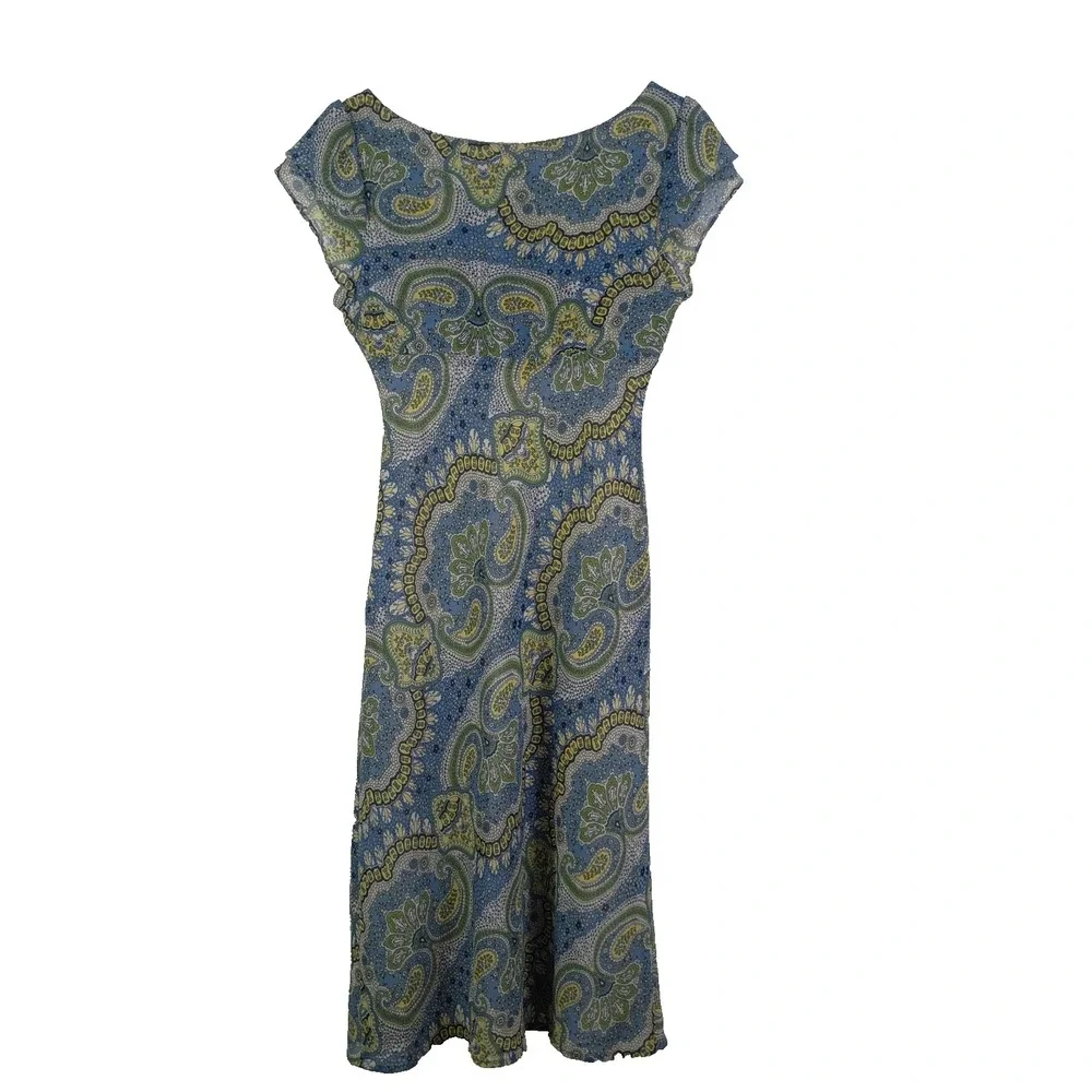 BCBG MAXAZRIA Women's Vintage Paisley Dress Size 8 Green Blue Sheer Y2K Chiffon